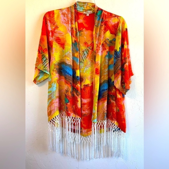 Gianni Bini Other - Gianni Bini Vibrant Multicolor Avant Garde Kimono Cover Up with Fringe Sz XL